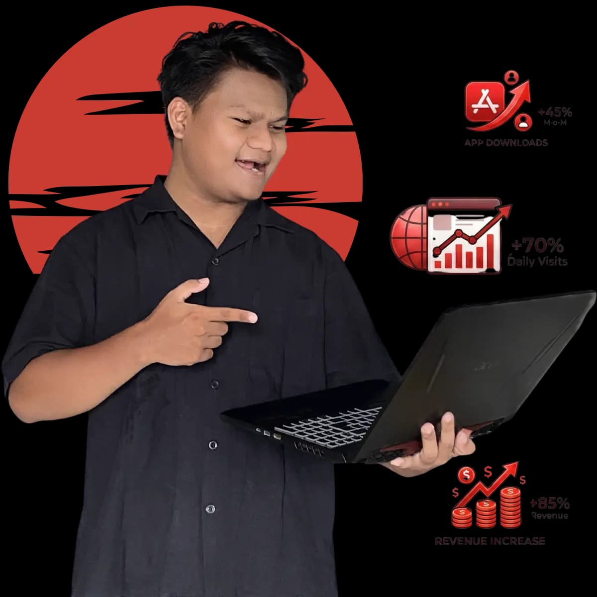 Ekspresi kemenangan sambil mengangkat smartphone