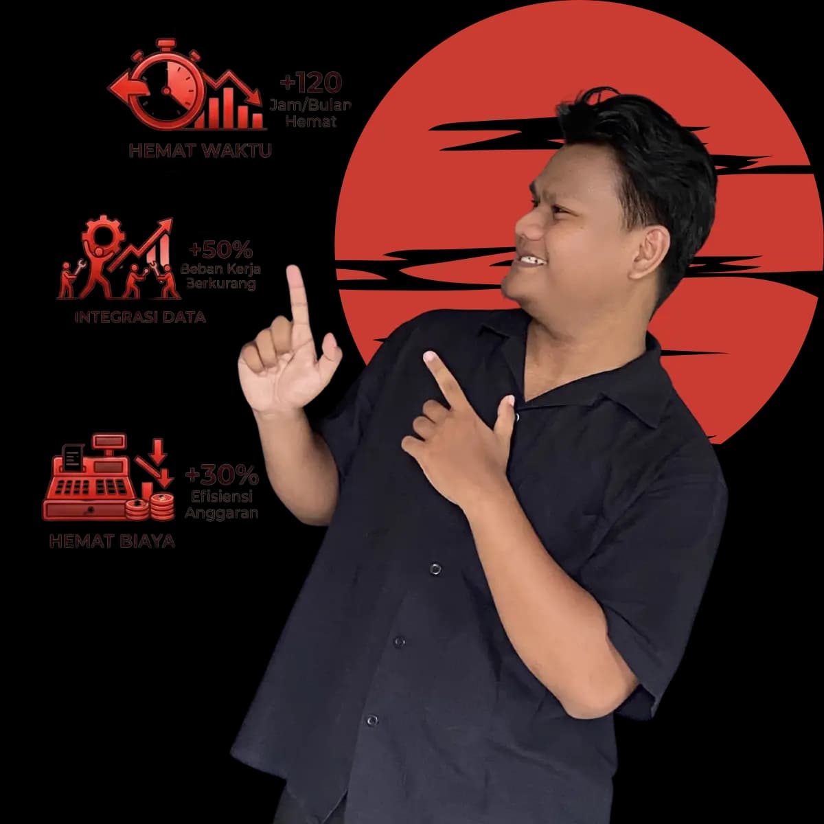 Ekspresi terkejut menyenangkan saat menunjukkan solusi automasi